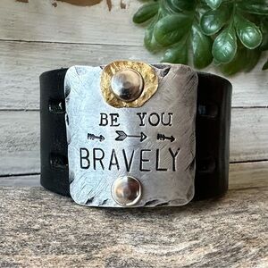 One of a kind Handstamped Repurposed Leather Cuff bracelet Artisan Mixed Metals